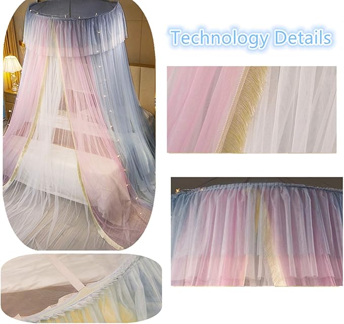 VETHIN Princess Bed Canopy for Girls,Bed Canopy Curtain- Double Layer Sheer Mesh Dome Bed Curtain- Round Lace Princess Mosquito Net Tent for Twin Full Queen King Bed(Pink/Grey/White)