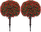 BAIJIALI Artificial Trees,2 Set of 16'' UV Resistant Fake Evergreen Shrubs Bushes Plants (Red Rose, 2 Packs)