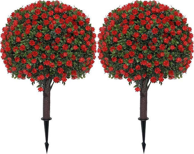 BAIJIALI Artificial Trees,2 Set of 16'' UV Resistant Fake Evergreen Shrubs Bushes Plants (Red Rose, 2 Packs)