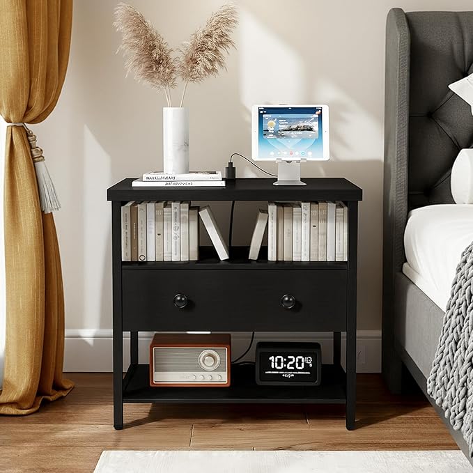 27 Inch Wide Night Stand Set 2 with Charging Station, Wood Nightstand with Open Shelf, Large Drawer Bedside Table for Living Room/Bedroom/Office (Black)