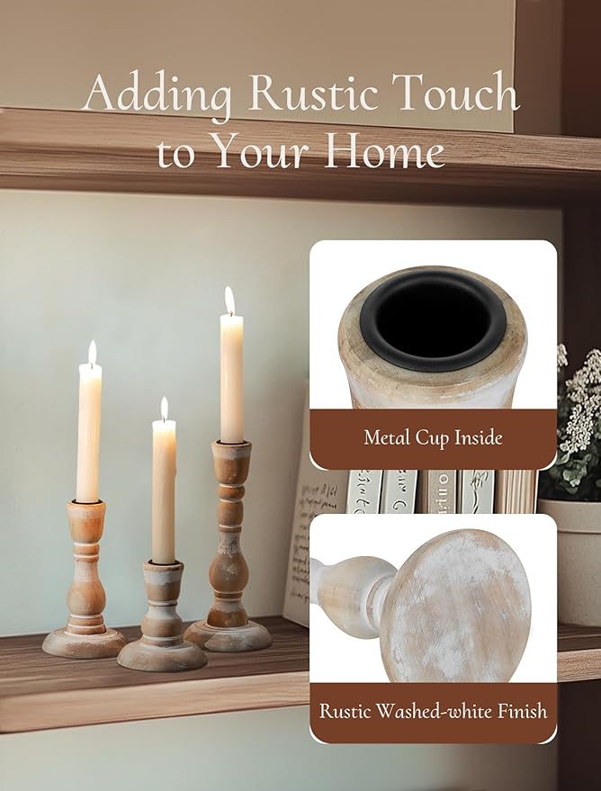 Wooden Candlestick Holders Rustic: Farmhouse Wood Taper Candle Holders Boho Candle Sticks Holder Fall Decor for Dinning Table Mantle Party Holiday Christmas Wedding Home Set of 3