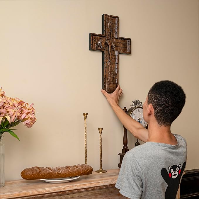 BGCOPPER Crucifix Wall Cross Handmade Wooden Cross with Hook, Christian Wall Art Jesus Wall Cross Gifts for Church Home Room Decor Christmas Cross - 20 Inch