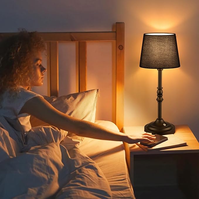 GGOYING Set of 2 Rechargeable Cordless LED Table Lamps, 4-Level Dimmer, Black Portable Desk Lamps with Black Fabric Shades, Night Light for Dining, Bedroom and Patio