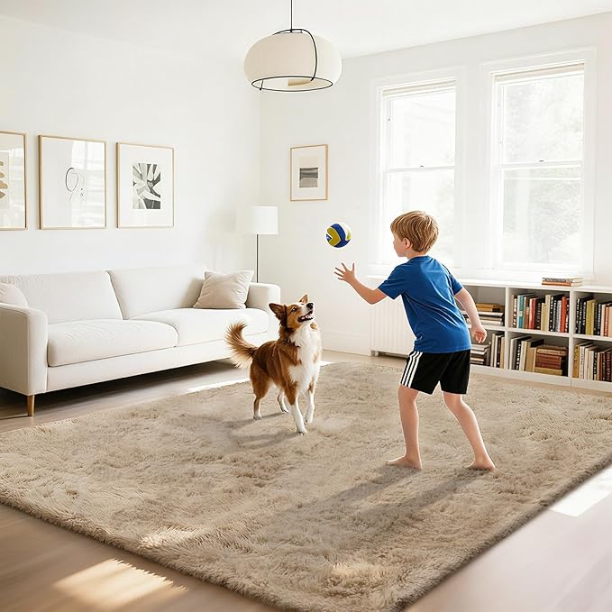 Fluffy Rug Shaggy Area Rug, Beige 10x14 Area Rugs for Bedroom, Super Soft Shaggy Rugs for Living Room Bedroom Kids Room Home Decor, Upgrade Anti-Skid Rectangular Fuzzy Rug