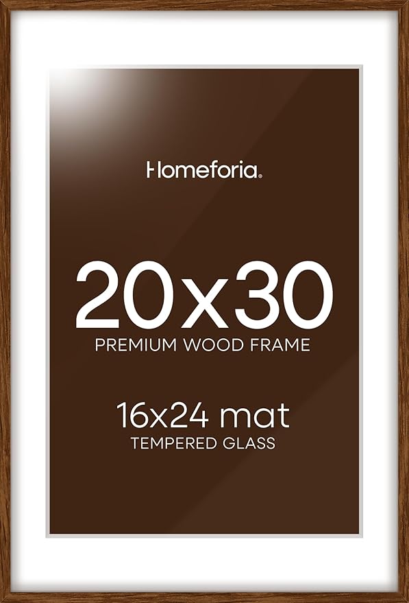 Homeforia 20 x 30 Walnut Frame, High End Dark Oak 20x30 Wooden Poster Frames with Mat 16x24, 20 x 30 Brown Wood Picture Frame Matted to 16 x 24, 30x20 Hanging Frame, Tempered Glass, Wall Kit, Set of 1