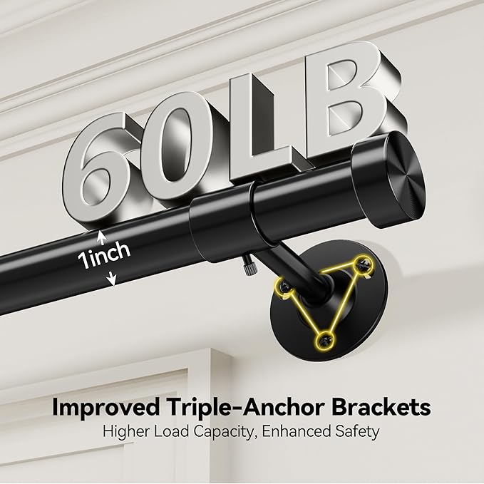 2 Pack Heavy Duty Curtain Rods 32-150 Inch, 1 Inch Adjustable Extra Long Curtain Rods for Windows, Black Window Treatment Rod Set with Aluminium Finials, Modern Design