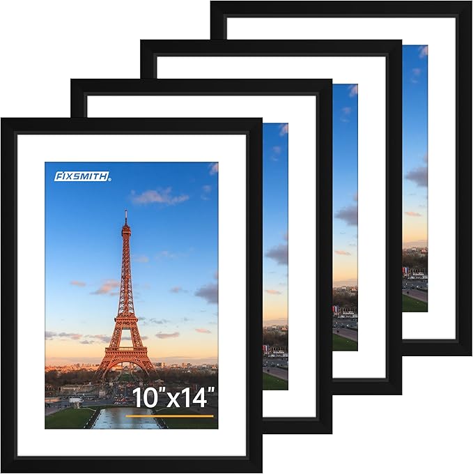 FIXSMITH 10x14 Picture Frame Set of 4, Photo Frame with HD Plexiglass, Display Pictures 8.5x11 with Mat or 10x14 Without Mat, Black Picture Frames Collage Wall Decor, Gallary Wall Frame