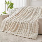 Lotus Karen Faux Fur Blanket - Cream White Twin Size, Big Bubble Rabbit Fluff, 60x80 Inches