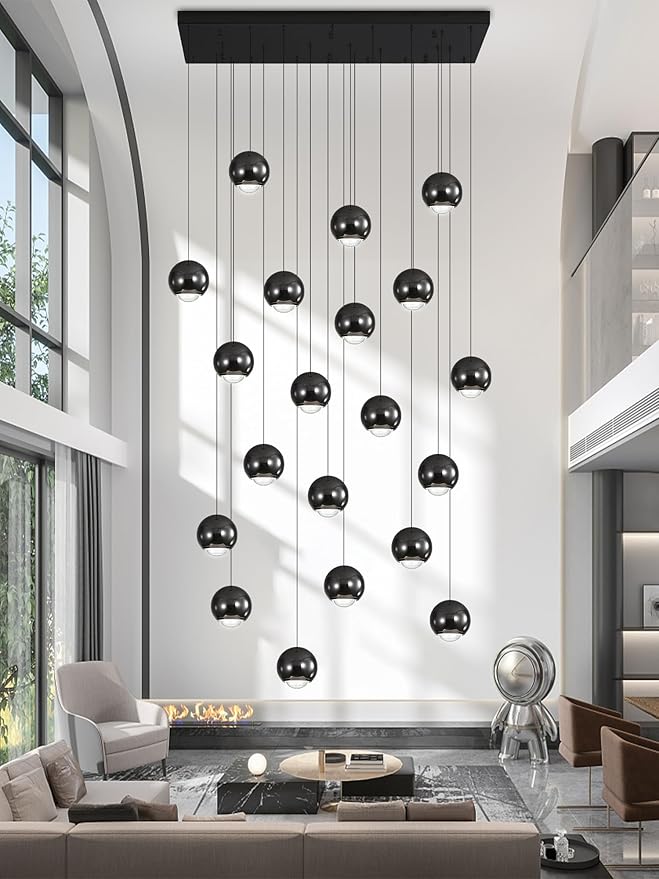 Rectangular Chandelier Crystal Balls Chandeliers Flush Mount Ceiling Light for Dining Room Living Room High Ceiling Chandelier for Staircase Foyer Entryway Black Chandeliers Dimmable 2700k-6000k