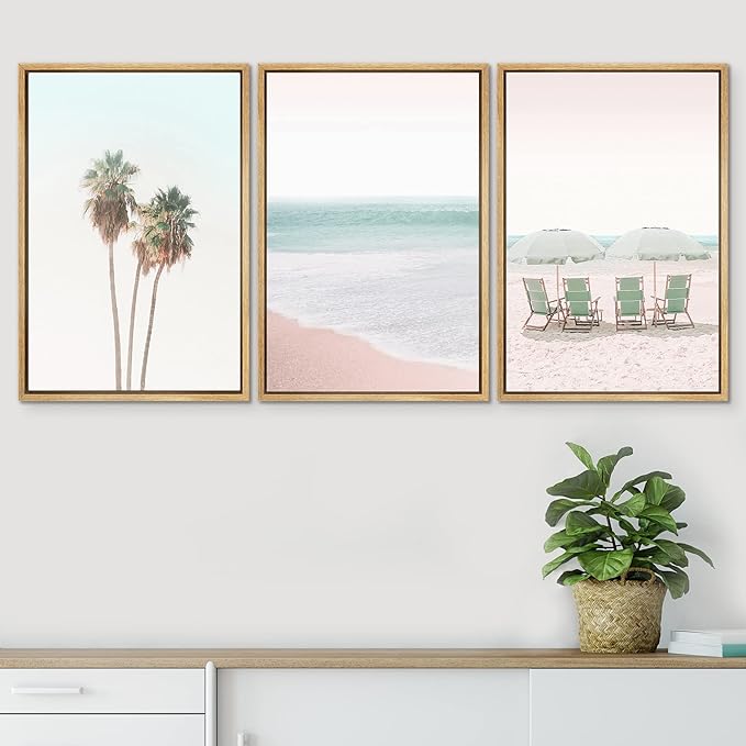 SIGNWIN Framed Canvas Print Wall Art Set Retro Vintage Pastel Tropical Island Beach Nature Wilderness Photography Modern Art Landscape Relax/Calm for Living Room, Bedroom, Office - 24"x36"x3 Natural