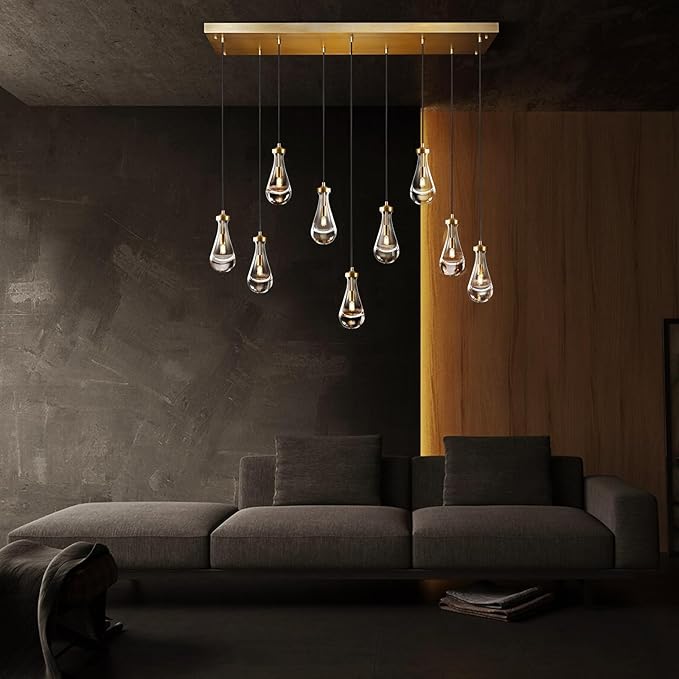 Raindrop 9-Light Chandeliers for Dining Room, Brass Teardrop Pendant Lights, Gold Living Room Lights Fixture, Modrn Pendant Light Kitchen Island, Adjustable Rope Hanging Lamp Ceiling for Living Room