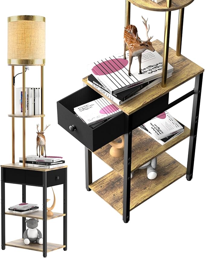 Lightdot 65IN Floor Lamps with Storage Table&Drawer, Corner Shelf Lamps with Black End Table and Fabric Lampshade, Modern Standing Tall Lamp for Living Room/Bedroom/Office(E26 LED Bulb Included)