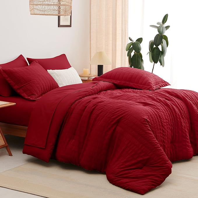 CozyLux King Size Comforter Set Dark Red Seersucker 7 Pieces Bed in a Bag King Comforter Set with Sheets, Luxury Bedding Sets with Down Alternative Comforter, Sheets, Pillowcases & Shams All Seasons