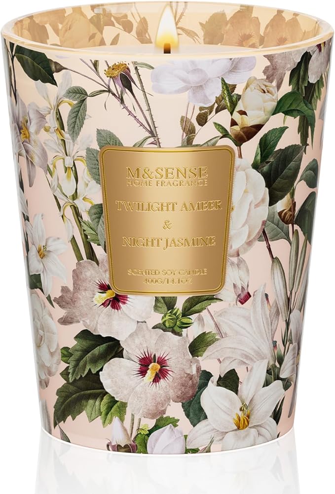 M&SENSE Amber Jasmine Scented Candle, Soy Candles 14.1oz 60H Slow Burning, Aromatherapy Stress Relief Home Fragrance Housewarming Gifts