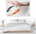 Japanese Koi Fish Tapestry, Cherry Blossoms Asian Oriental Flower Branch Koi Fish Carp Tapestries Wall Hanging for Bedroom Living Room Office Decor 60"x40"