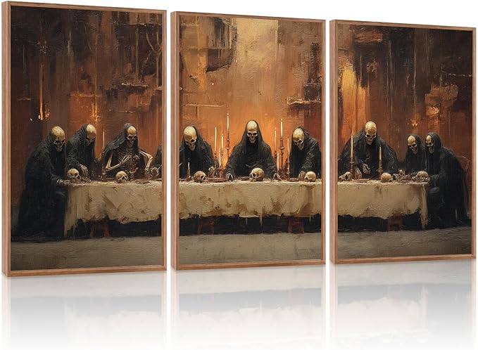 KAIRNE Framed Skeleton Canvas Wall Art,Abstract Retro Skull Pictures Set of 3(16”X24”),Scary Halloween Prints,Horror Wall Art,Skeleton Last Supper Posters for Living Room Bedroom Ding Room Decoration