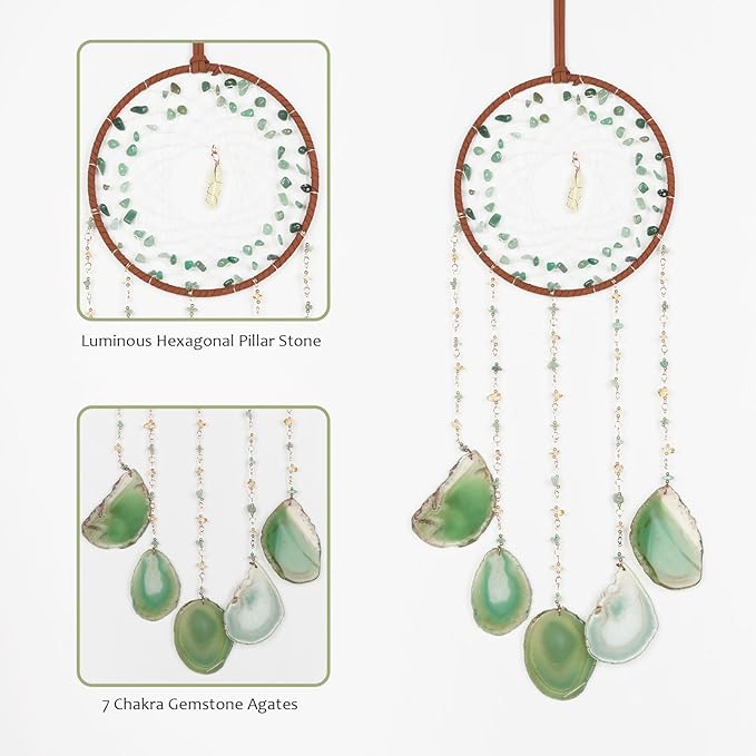 Green Aventurine Gemstone Agate Large Dream Catcher Chakra Dream Catcher with Crystals Handmade Dreamcatcher Wall Decor for Adults Boys Girls Bedroom Garden Bless Gift
