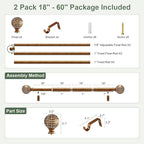 2 Pack Gold Curtain Rods for Windows 28 to 48 Inch,1'' Diameter Drapery Rods with Leaf Pattern Finials,Decorative Adjustable Heavy Duty Curtain Rods Set,18-60'',Antique-Gold Wood