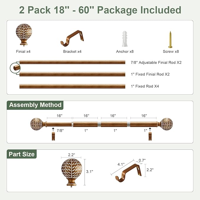 2 Pack Gold Curtain Rods for Windows 28 to 48 Inch,1'' Diameter Drapery Rods with Leaf Pattern Finials,Decorative Adjustable Heavy Duty Curtain Rods Set,18-60'',Antique-Gold Wood