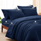 CozyLux Queen Comforter Set Navy Blue Seersucker 7 Pieces Bed in a Bag Queen Comforter Set with Sheets Luxury Soft Bedding Set with Down Alternative Comforter, Sheets, Pillowcases & Shams All Seasons