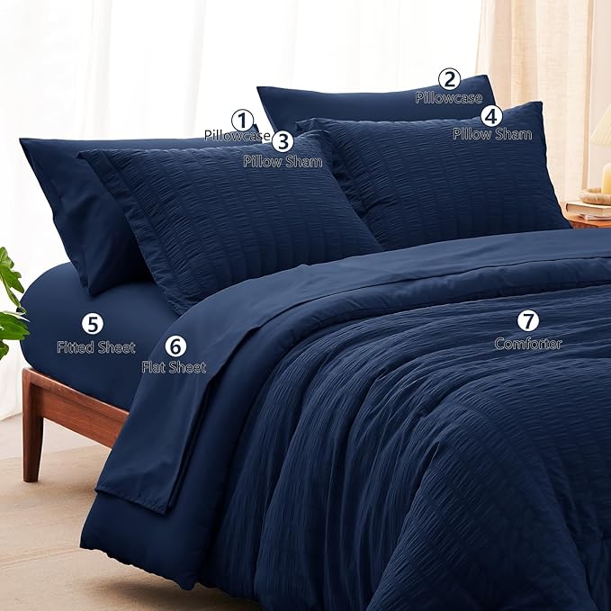 CozyLux King Size Comforter Set Navy Blue Seersucker 7 Pieces Bed in a Bag King Comforter Set with Sheets, Luxury Bedding Set with Down Alternative Comforter, Sheets, Pillowcases & Shams All Seasons