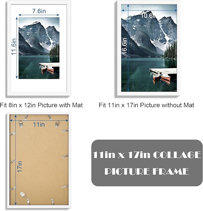 11x17 Picture Frame Set of 3 - Display 8x12 Photo with Mat or 11 x 17 Poster without Mat, Wall Mounting Horizontal and Vertical, White