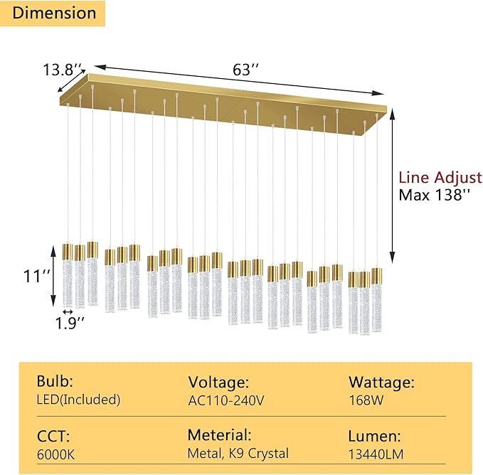 24-Lights Modern Crystal Chandeliers LED Pendant Light for Kitchen Island Dining Room Entrance Foyer Living Room 6000K Gold