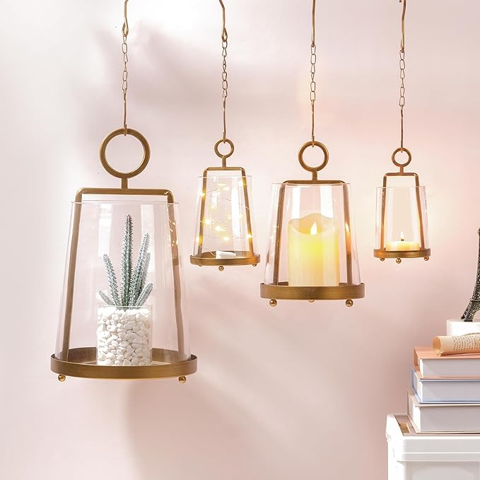 9" Wide Modern Farmhouse Metal Hurricane Candle Holder with Handmade Sturdy Glass Sleeve in Antique Brass for Pillar Candle & Plants, Hurricane Lantern, Industrial, Minimalistic (1, Brass, 9"x14")