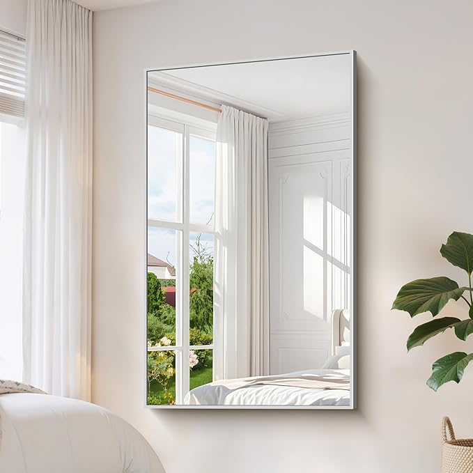 YIROMAN Bathroom Mirror 60"x36", Large Brushed Silver Bathroom Mirror for Over Sink with Aluminum Frame, Rectangular Vanity Mirror with Right Angle, Wall Mirror Hangs Horizontal or Vertical