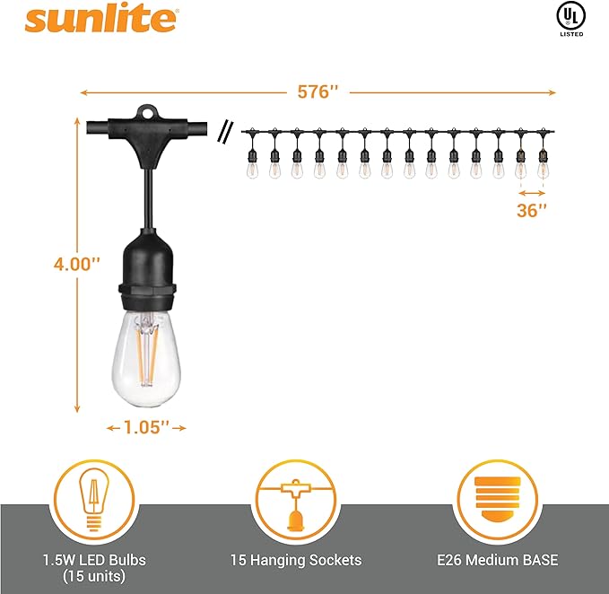 Sunlite 48ft Outdoor String Lights, 1.5W Commercial Grade, Waterproof, Linkable Strands, UL Listed, 15 Hanging Sockets, Shatterproof LED Edison Bulbs Included, 2700K Soft White