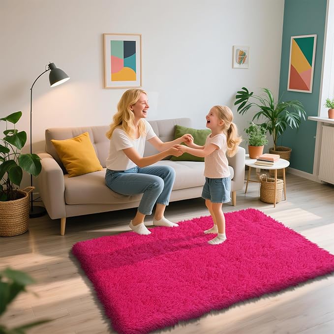 Shag Area Rug for Bedroom 3x5,Fluffy Area Rugs for Living Room,Soft Fuzzy Rug Non-Shedding Indoor Plush Carpet for Kids Bedroom Nursery Dorm Home Decor,Hot Pink