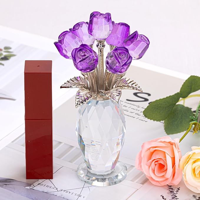 Glass Rose Flowers, Crystal Glass Figurines Rose Decorations for Home Gifts for Mom Wife Grandma, Crystal Flowers Collectible Ornament Mother's Day Thanksgiving Anniversary Birthday Gifts(Purple Rose)
