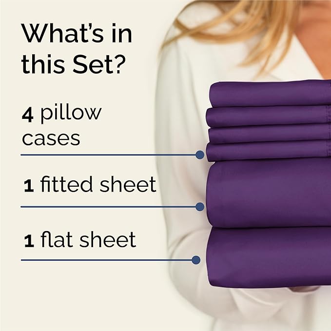 King Sheets Set 6 Piece - Includes 4 Pillowcases - Bed Sheets King Size - Soft Hotel Luxury Bedding - Cooling, Comfy, Fade Free & Breathable - 1 Flat, 1 Fitted & 4 Pillowcases w/ Deep Pockets - Purple