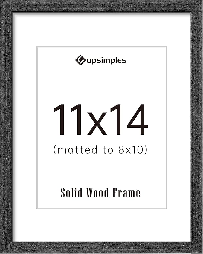 upsimples 11x14 Picture Frame, Natural Solid Wooden Picture Frames, Display 8x10 with Mat or 11 x 14 Without, Vertical or Horizontal Wall Hanging, 1 Pack, Black