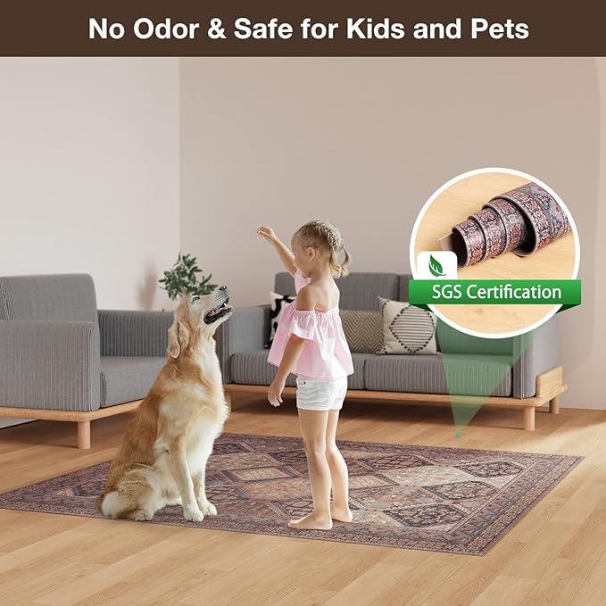 Floor Mat for Home 4×6ft, Easy Clean Plastic Rug-Like Pattern Area Mat for Living Room, Waterproof Vinyl Area Rug for Under Kitchen Table, No Slip Soft Vintage Rug for High Traffic Area (Brown)