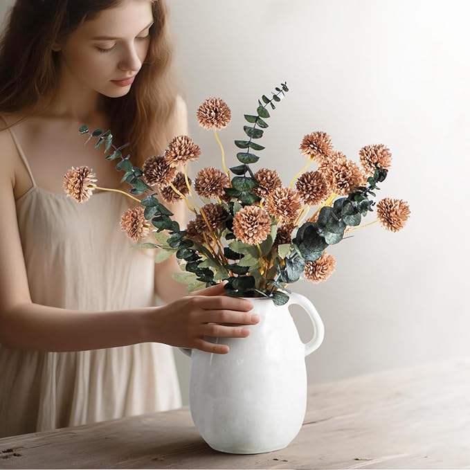 6 Artificial Silk Flowers + 3 Eucalyptus, Artificial Chrysanthemums with Stems for Home Decor, Light Taupe