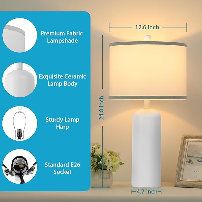 Ceramic Table Lamps Set of 2 for Bedroom Living Room, 24.8'' Modern Matte White Bedside Nightstand Lamp with Linen Drum Shade, Farmhouse Rustic Night Light Desk Decor for Kitchen Read Study Office