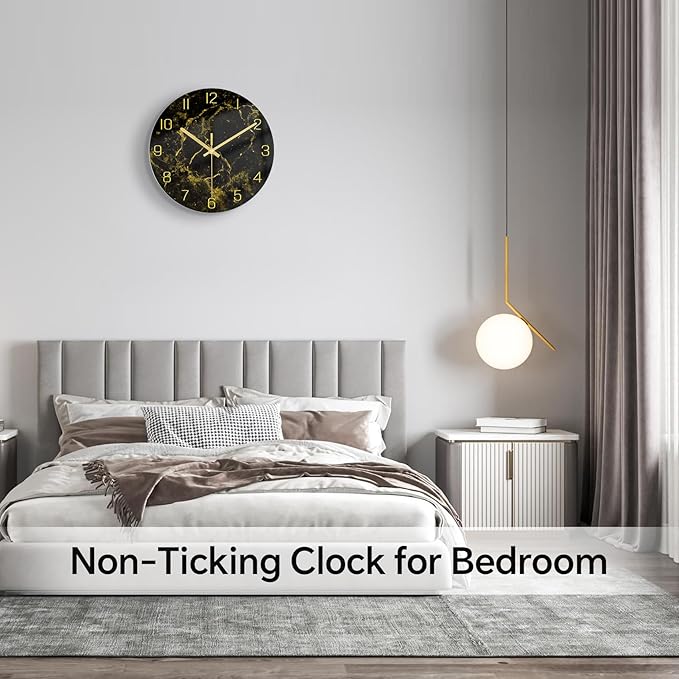 VIKMARI Black Modern Marble Texture Clock Gold Hands Rustic Kitchen Decor 12 Inch Wall Clock Battery Operated Non-Ticking Large Round Quartz Golden Decorative for Office Bedroom, Living Room