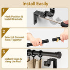 Curtain Rod 32-88 Inch, Heavy Duty 1 Inch Adjustable Curtain Rods for Windows, Black Long Window Treatment Rods, Modern Design, Easy Installation