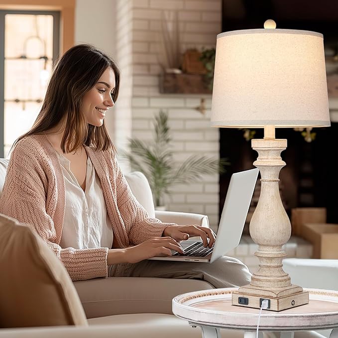 27.5" Tall Farmhouse Lamp,Vintage Bedside Nightstand Lamps with USB Charging Ports A/C,3-Way Dimmable Touch Control Retro Lamp for Bedroom Living Room,Single Beige