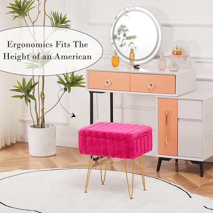 Wimarsbon Faux Mink Fur Storage Ottoman, Modern Soft Footstool, Storage Bench with Metal Legs, Vanity Seat, Fur Stool, Ottoman Coffee Table, Makeup Chair, Vanity Stools for Bedroom (Rose Red)