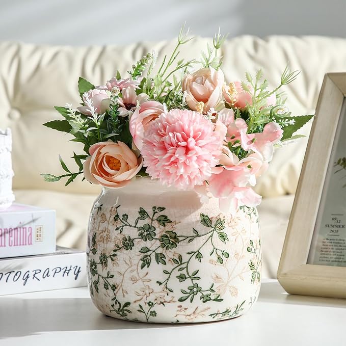 Vintage Planter Large Ceramic Plants Pot Green Pink Pastoral Floral Ice Crack Cottage Scroll Vase Flower Vase Pot Indoor Plants Home Kitchen Decor Farmhouse Antique Decorative Gifts