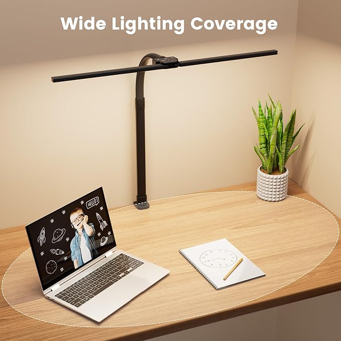 LED Desk Lamp for Home Office - 24W Computer Lamp with Remote Control, Dual Head Desk Light Bar with Clamp, 5 Color & Brightness Adjustable, Tall Flexible Task Monitor Lighting, Black