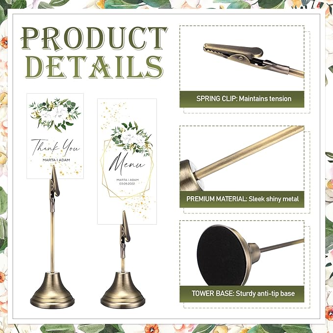 20 Pcs Table Number Holders 4/6/8/10 Inch Metal Place Card Holders with Alligator Clip Heavy Base Wedding Table Number Stand Picture Photo Clip for Banquet Party Birthday Restaurant(Bronze)