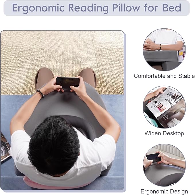 Ejoyous Reading Pillow for Bed, Arm Rest Lap Desk Pillow Memory Foam Gaming Pillow with Side Pocket for for Adult Sitting up in Bed Working Crocheting