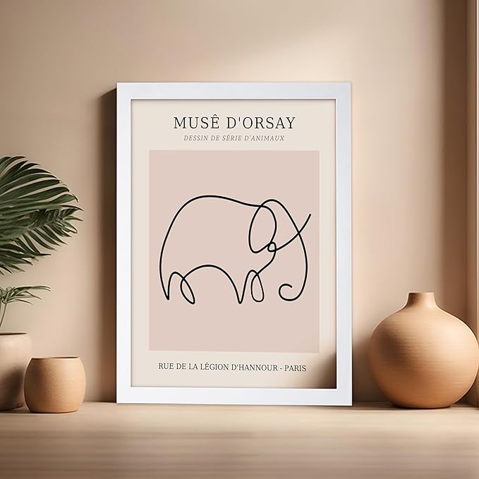 Poster Master Vintage Poster - Retro One Line Elephant Drawing Print - Elephant Art - Minimal Gift for Men, Women, Animal Lover - Abstract Wall Decor for Home, Office, 16x20 White Framed