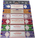 Satya Incense Gift Set Nag Champa, Super hit, Dragon's Blood, Sandalwood, Patchouli, Lavender, Positive Vibes 15gms x 7 Packs | for Meditation, Yoga, Healing, Aromatherapy, Relxation, Spirituality |