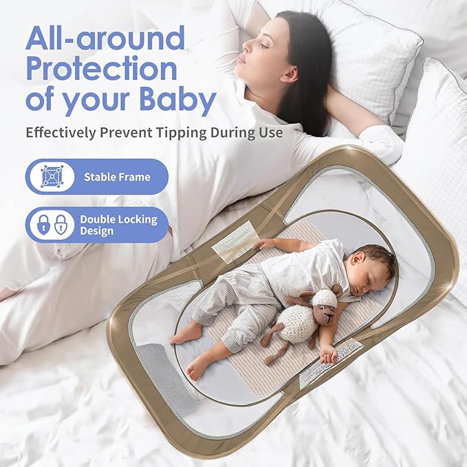 Portable Baby Bassinet Travel Baby Bed, Baby Cribs Travel Pod for Outdoors Baby Lounger Infant Travel Bed with Mosquito Net and Sunshade Canopy, Lightweight Washable