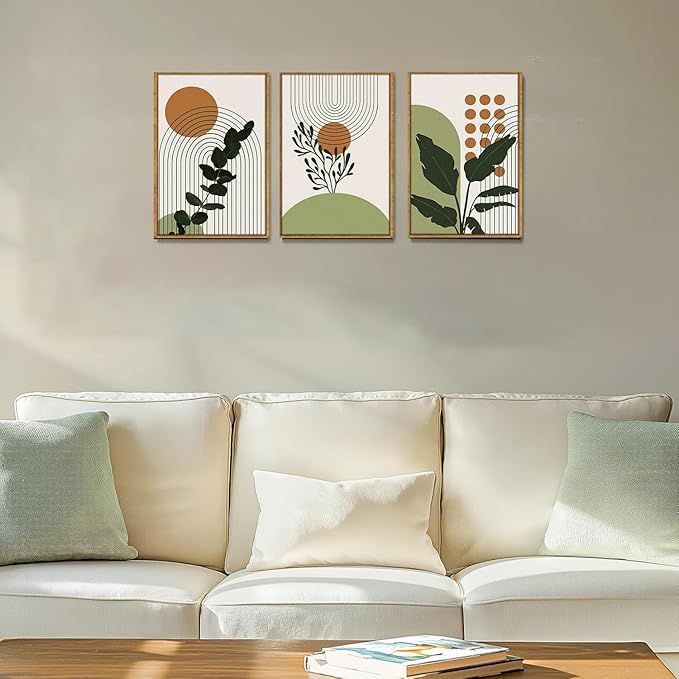 Bwodke Boho Wall Art, Framed Abstract Wall Art, Botanical Canvas Wall Decor, Mid Century Plant Leaf Geometric Pictures Set of 3, Minimalist Paintings, for Bedroom Living Room Bathroom 16"x24"