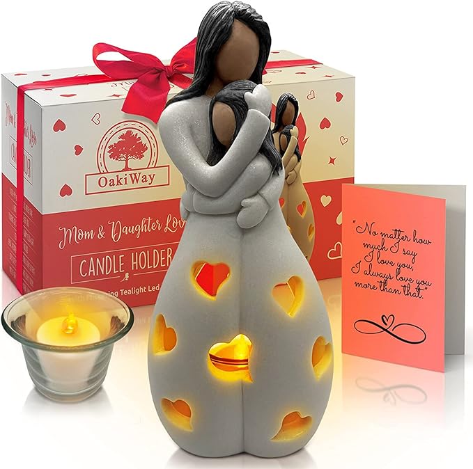 OakiWay Mother-Daughter Love Candle Holder Statue with Flickering LED Candle | Hand-Painted (Dark) - Unique Gifts for Mother's Day, Christmas, Birthday | Greeting Card Included